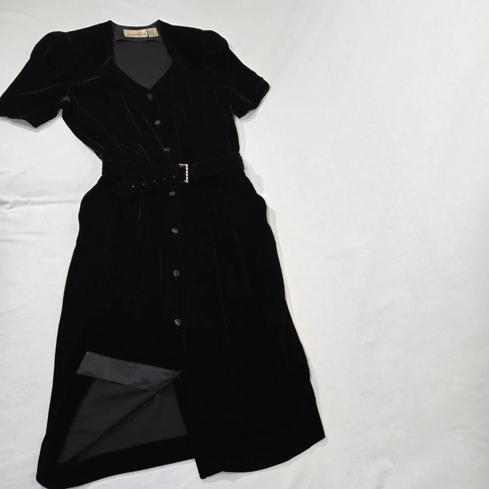 VINTAGE Academia Y2K Sirencore BLACK VELVET Pocket Belt Midi Dress Women Size 10 - Picture 7 of 16